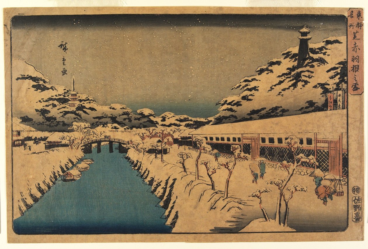 Nieve en el Puente Akabane en Shiba, 1844-45 de Ando or Utagawa Hiroshige