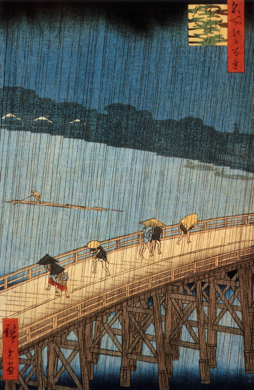 Lluvia repentina (yudashi) en el puente Ohashi, Japón, grabado de Ando Hiroshige de Ando or Utagawa Hiroshige
