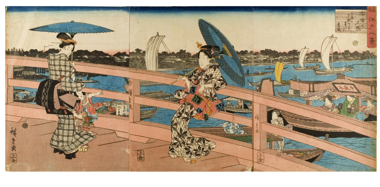 Resplandor del atardecer en el puente Ryogoku de la serie Ocho vistas de lugares famosos en Edo, c.1843-1847 de Ando or Utagawa Hiroshige