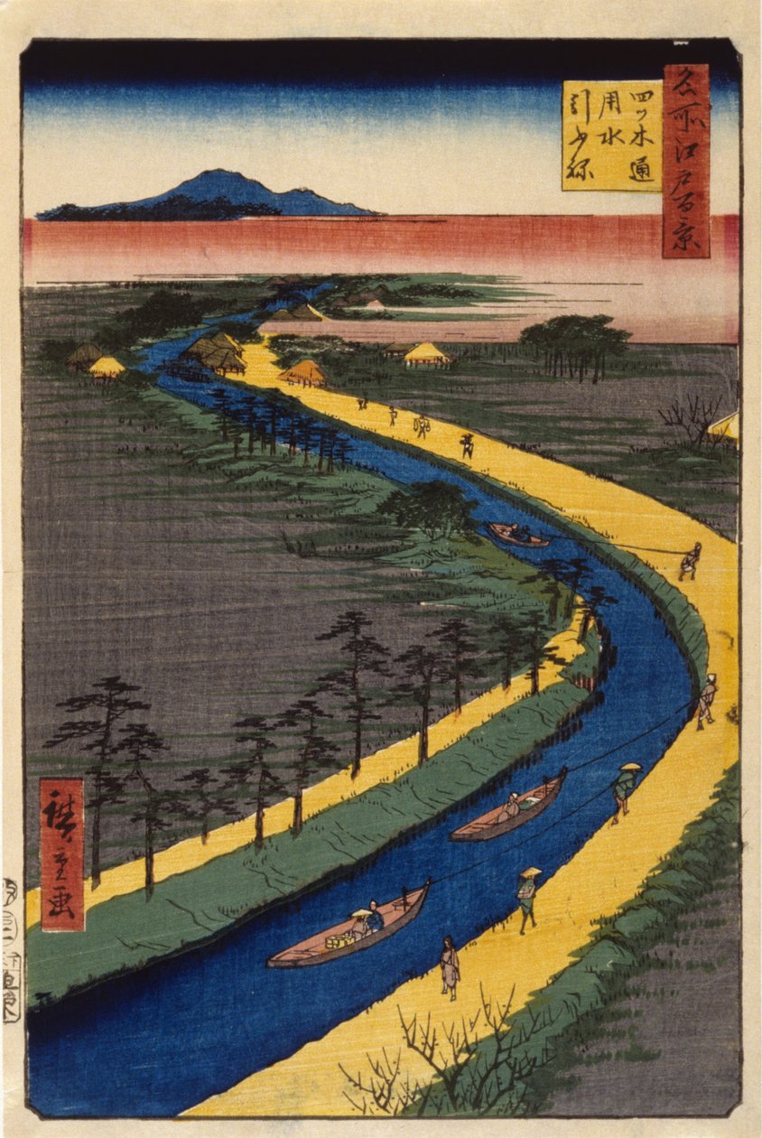 Botes de remolque en el canal de Yotsugid?ri (xilografía en color) de Ando or Utagawa Hiroshige