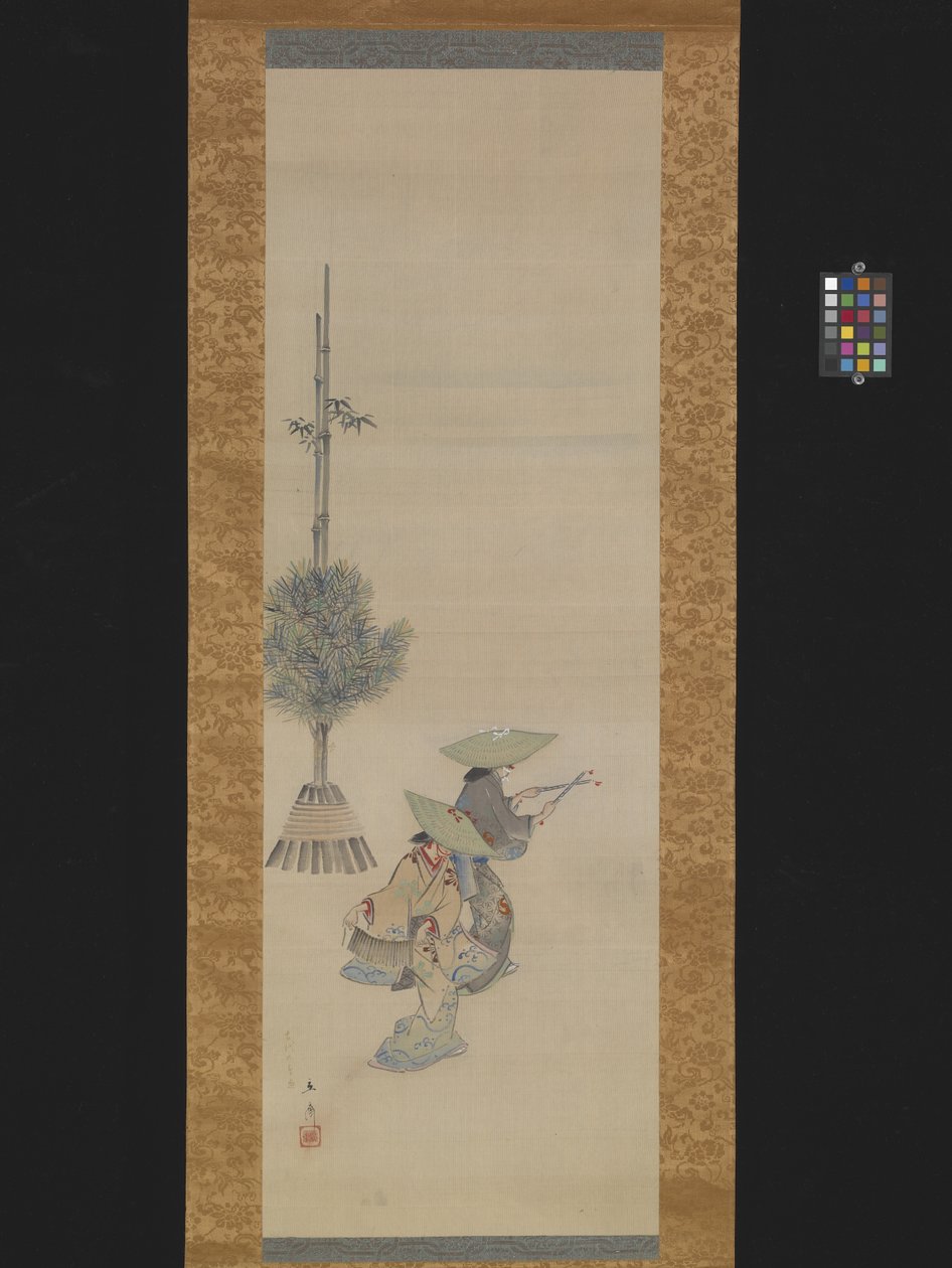 Zwei Frauen mit Hüten tanzen von Ando or Utagawa Hiroshige