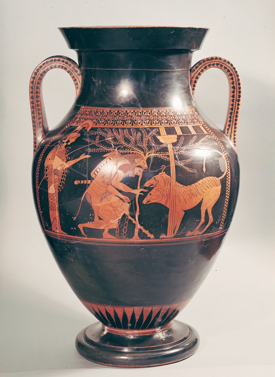 Ánfora de figuras rojas áticas que representa a Heracles capturando a Cerbero, griego, de Atenas, siglo VI a.C. de Andokides Painter