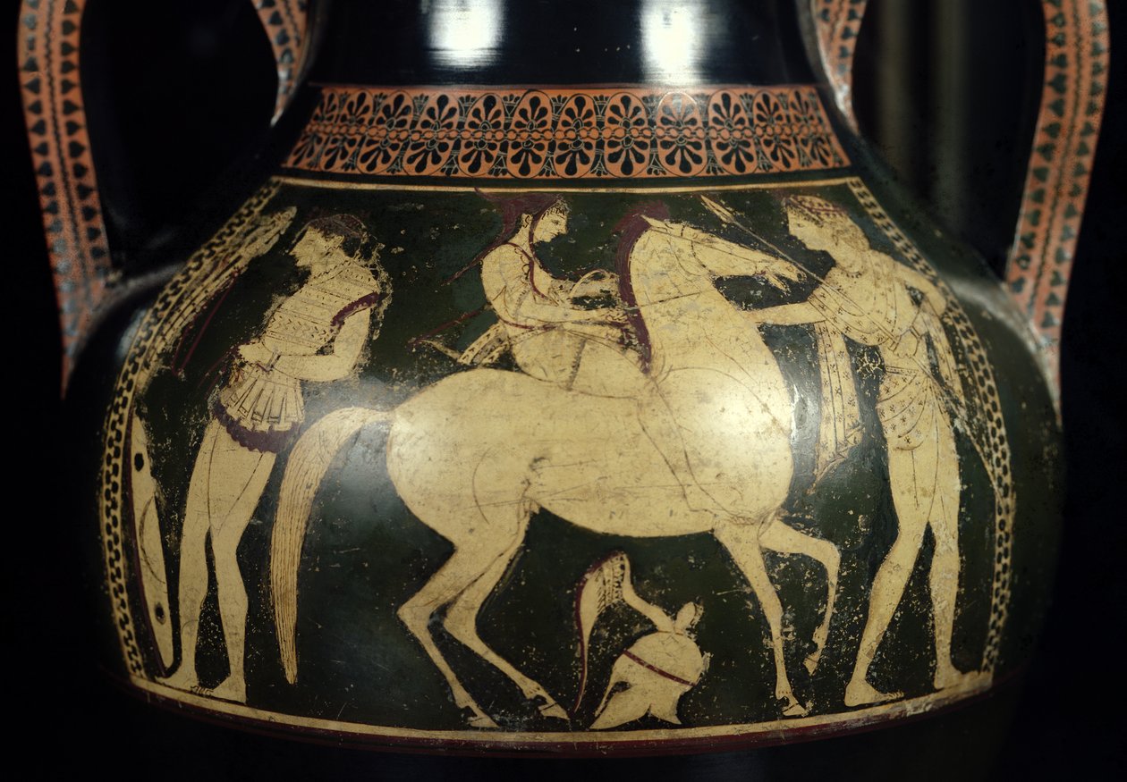 Ánfora de figuras blancas del ático que representa amazonas preparándose para la batalla, c.525-520 a.C. (detalle) de Andokides Painter