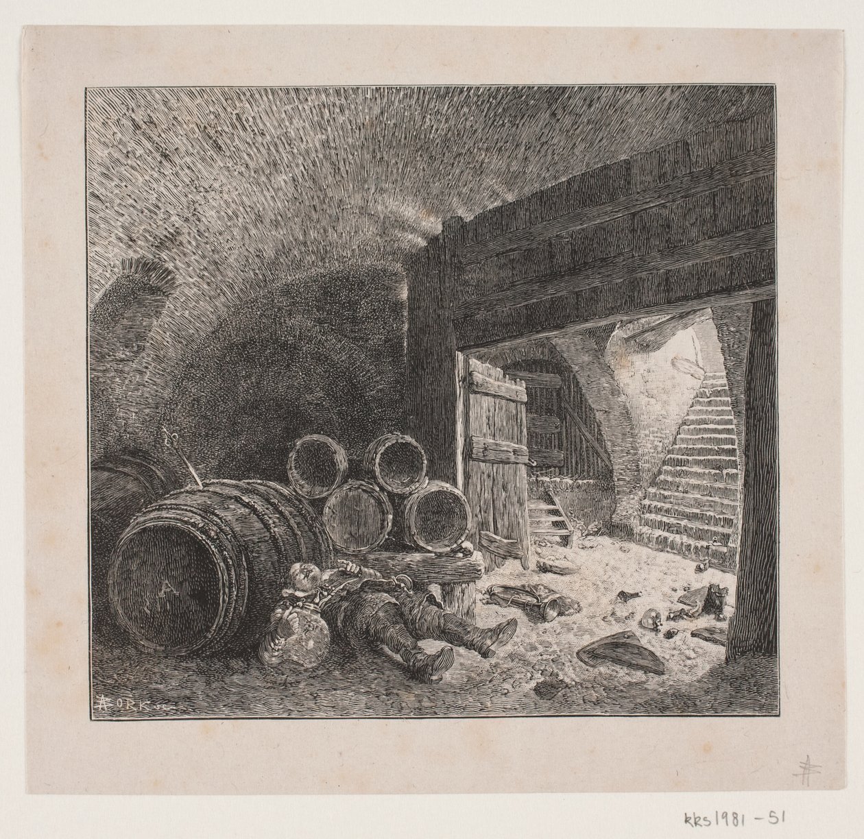 Hombre borracho durmiendo en una bodega de vino de André Bork