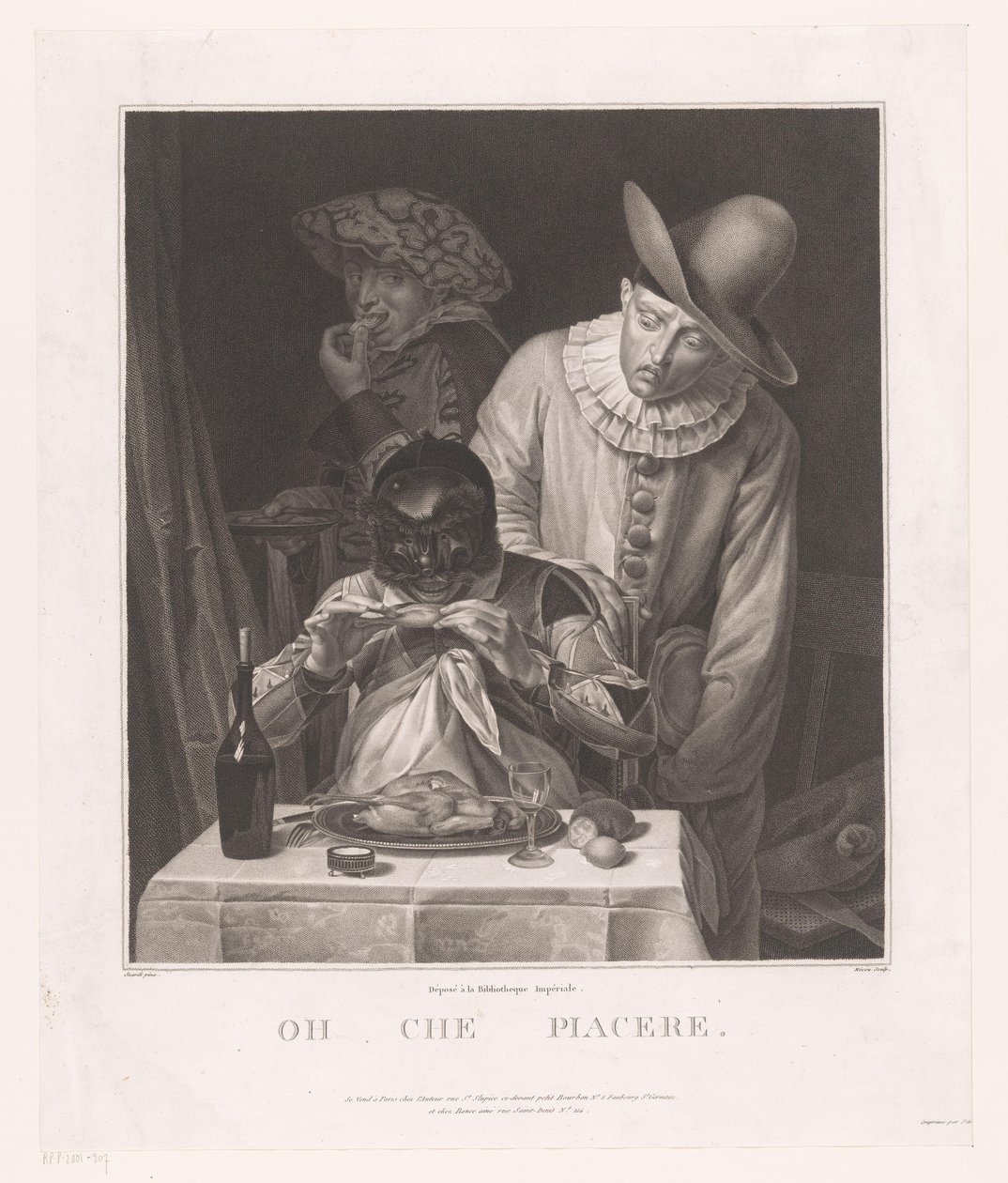 Enmascarado con Pierrot y hombre con sombrero Oh che piacere (título sobre objeto) de André Joseph Mécou