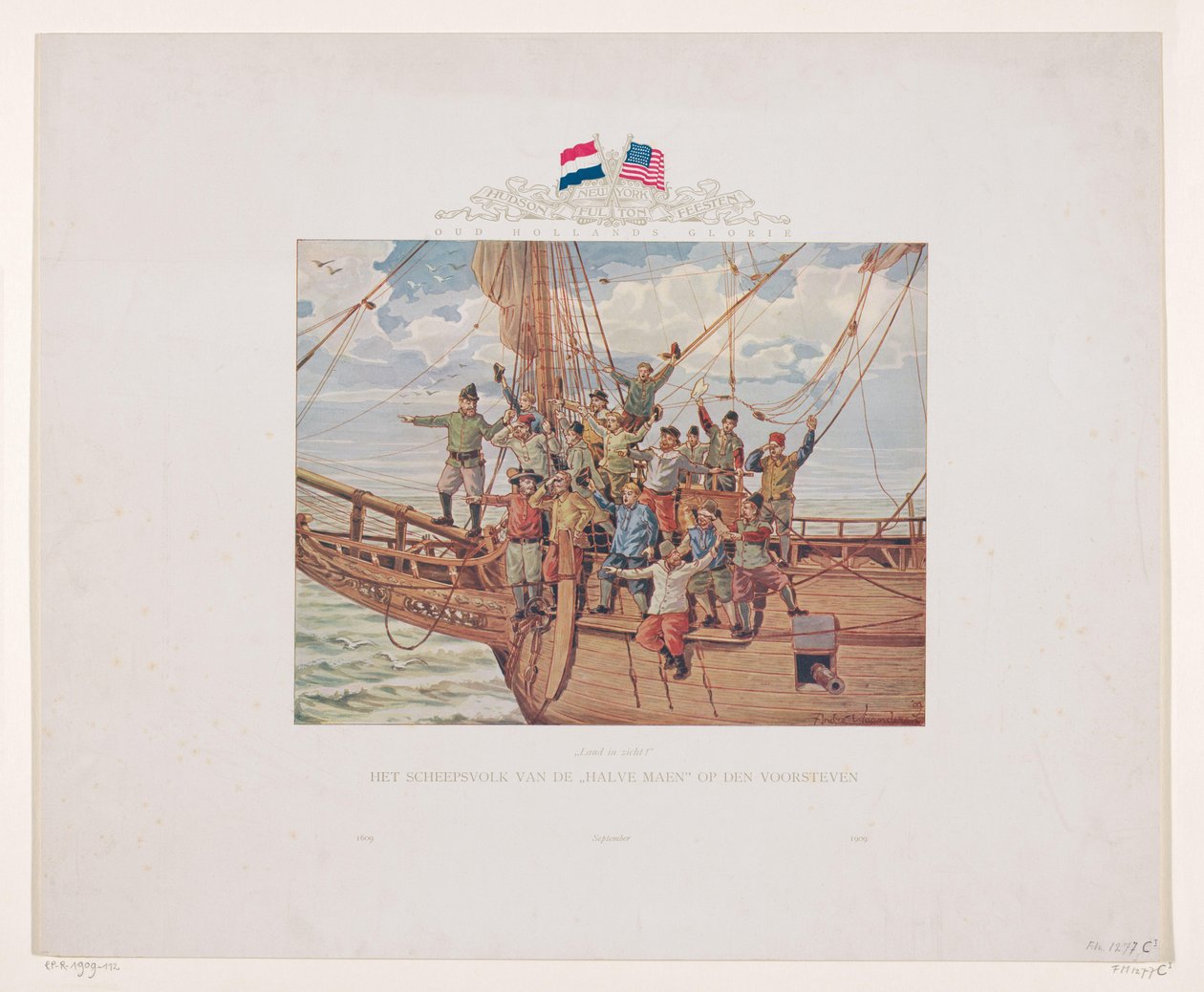El barco de Henry Hudson, el Halve Maen, acercándose a la costa de América del Norte, 1609 ¡Tierra a la vista! La gente del barco del Halve Maen en la proa (título sobre el objeto) de André Vlaanderen
