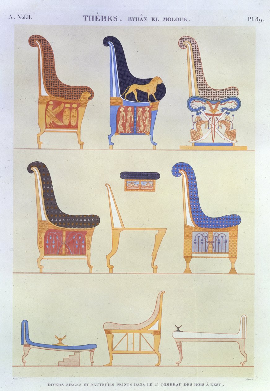 Ilustraciones de varios asientos y sillones pintados de la 5ª Tumba de los Reyes en el este, Byban el Molouk, lámina 89 del Vol II de 