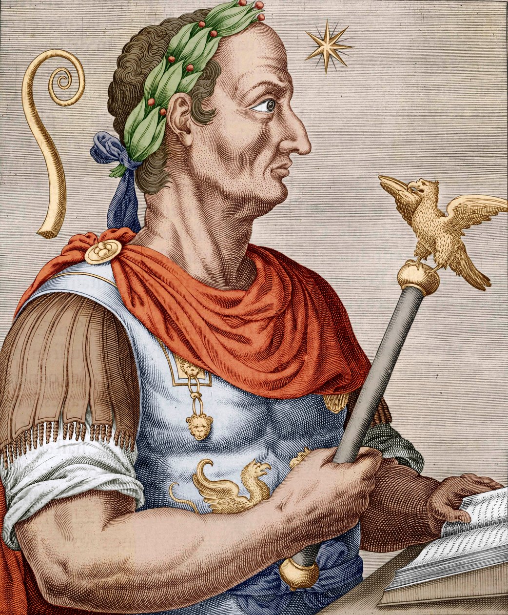 Julio César, de "Vrais Portraits et Vies des Hommes Illustres" (grabado en color) de Andre (after) Thevet