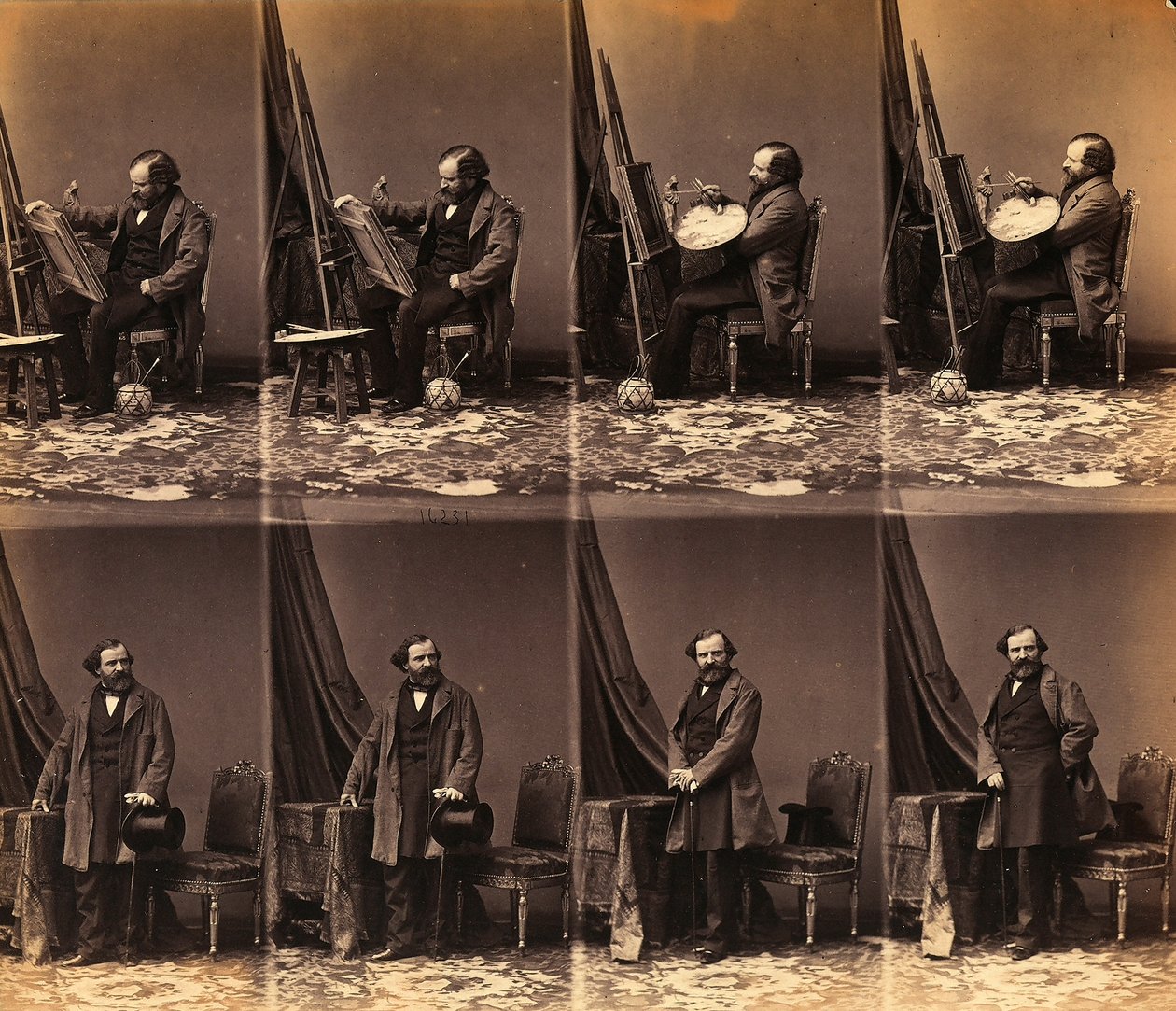 Retrato del pintor Lepualle: hoja de seis tarjetas de visita sin cortar (foto en blanco y negro) de Andre Adolphe Eugene Disderi