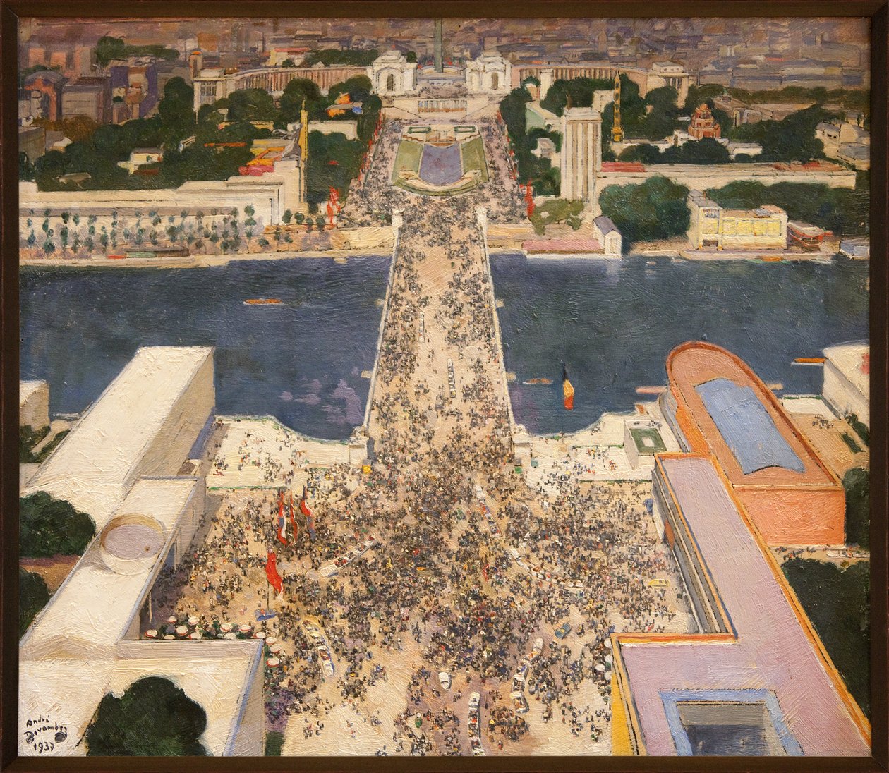 La exposición internacional de 1937 vista desde el segundo piso de la Torre Eiffel, Al pie de la colina de Chaillot, se enfrentan los pabellones de la Unión Soviética a la izquierda y de la Alemania nazi a la derecha, Pintura de André Devambez (1867-1944). de Andre Devambez