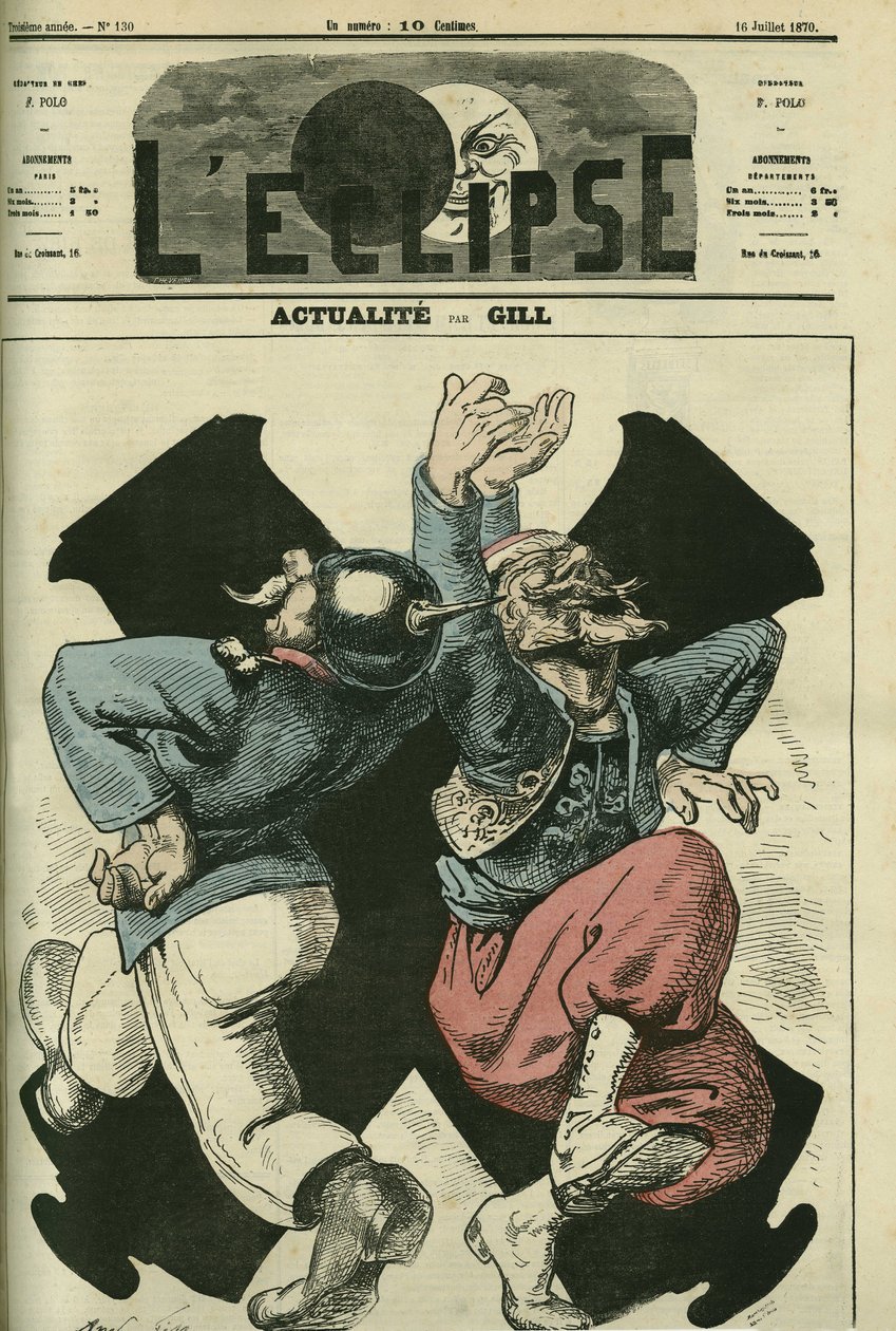 Actuales, soldado prusiano y francés bailando frente a los cañones de la guerra franco-prusiana. Portada en "L
