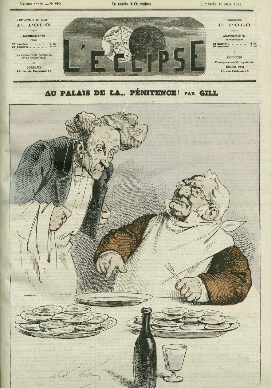 En el palacio de la penitencia, caricatura del Presidente de la República Adolphe Thiers (1797-1877). Portada en "L