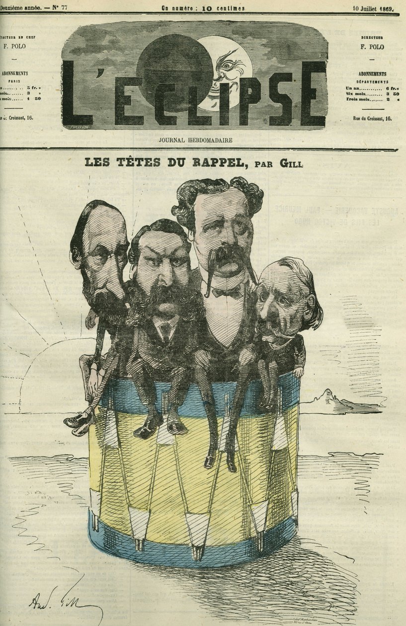 Auguste Vacquerie (1819-1895), Victor Hugo (1802-1885), Charles Hugo (1826-1871), y Paul Meurice (1818-1905), hombres de letras franceses. Portada en “L