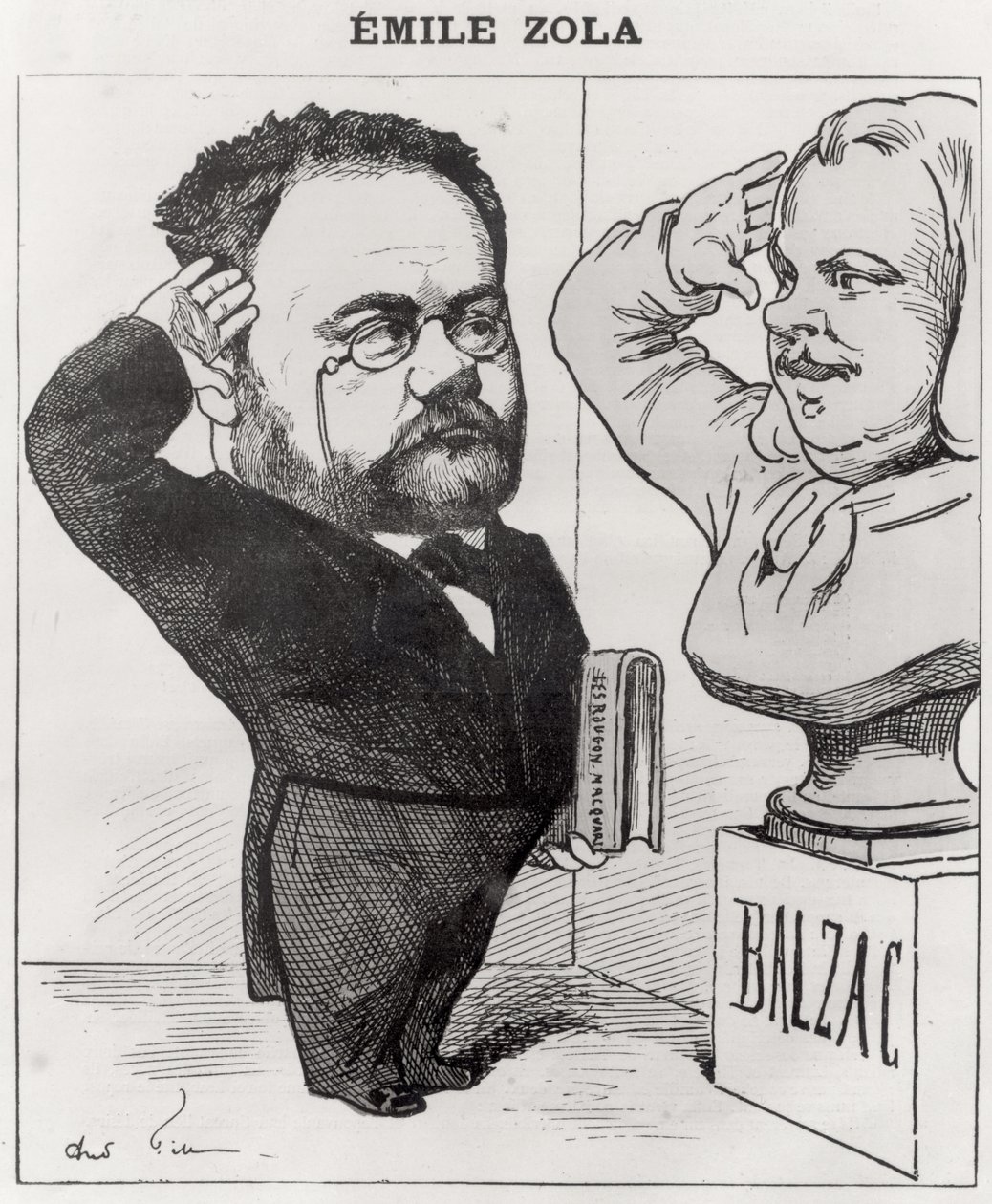 Caricatura de Emile Zola saludando un busto de Honoré de Balzac, 1878 de Andre Gill
