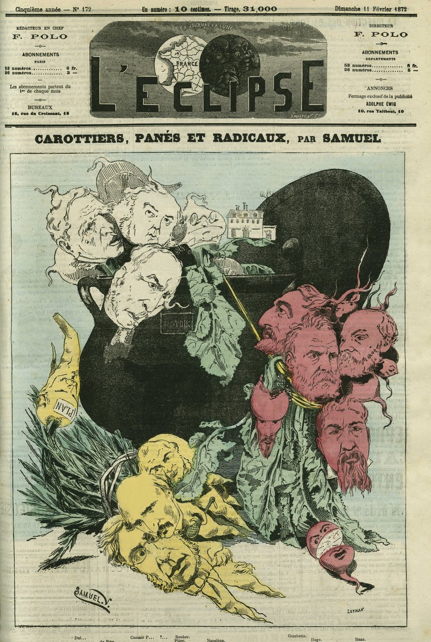Zanahorias, panes y radicales, los diferentes partidos políticos en verduras en la olla del poder. Dibujo reemplazando la caricatura de Gill, censurada. Portada en 