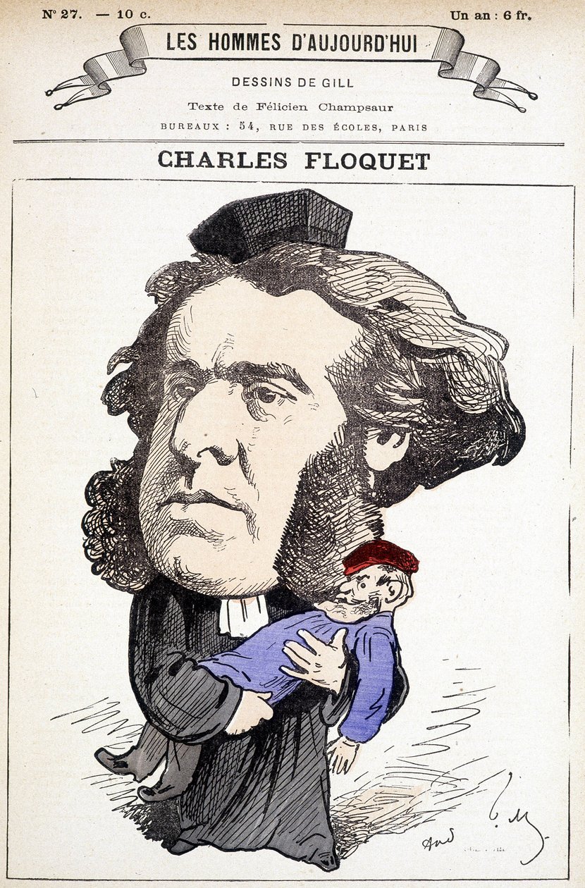 Caricatura de Charles Floquet (1828-1896), abogado y presidente del Consejo entre 1888 y 1889. Hirió al General Boulanger en un duelo, cuyas ideas combatía. Dibujo de Gill en 
