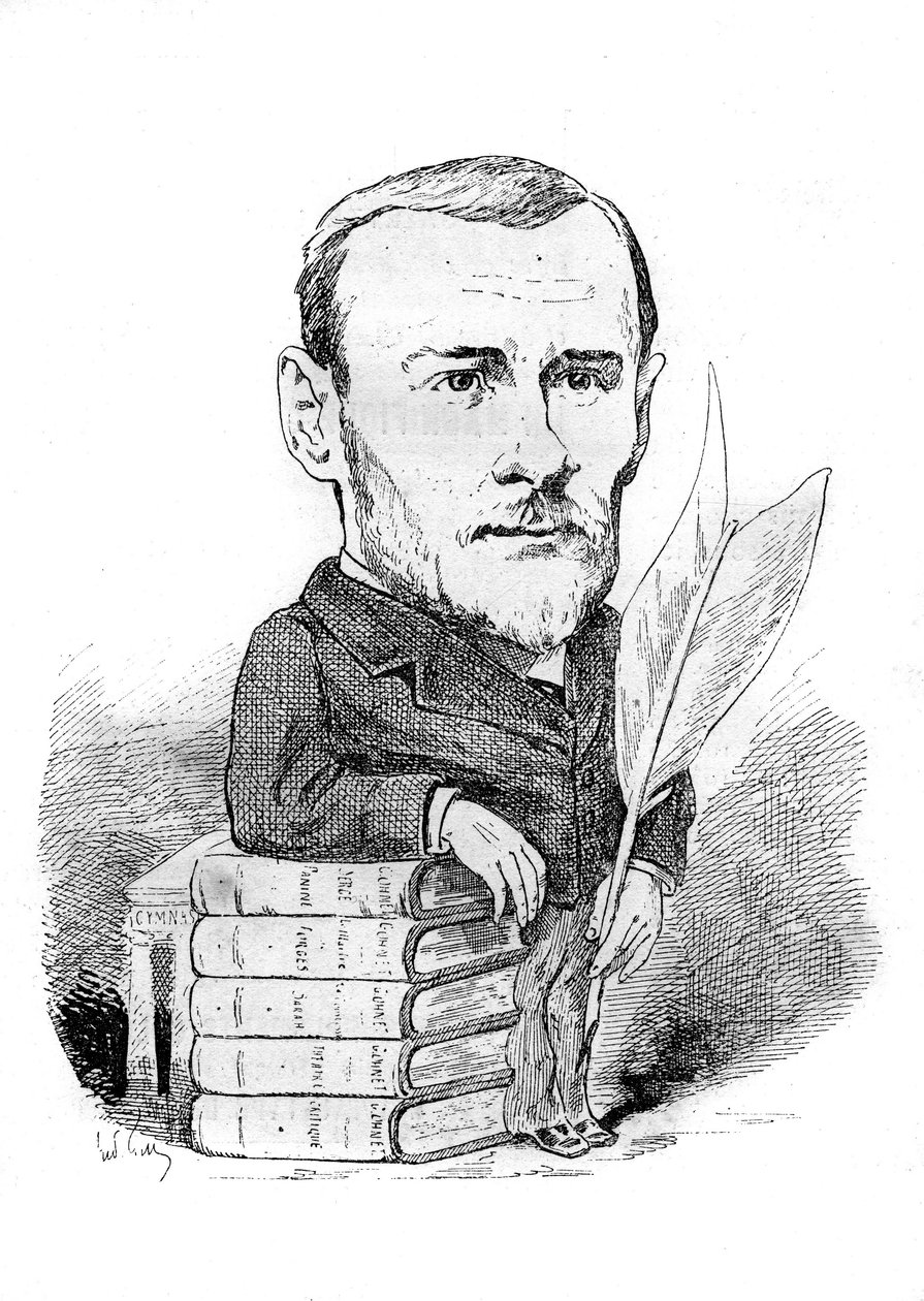 Caricatura de Georges Ohnet (1848-1918), un escritor francés representado con sus libros y pluma. Dibujo de Andre Gill. Grabado en "Le Monde Illustré" de Andre Gill