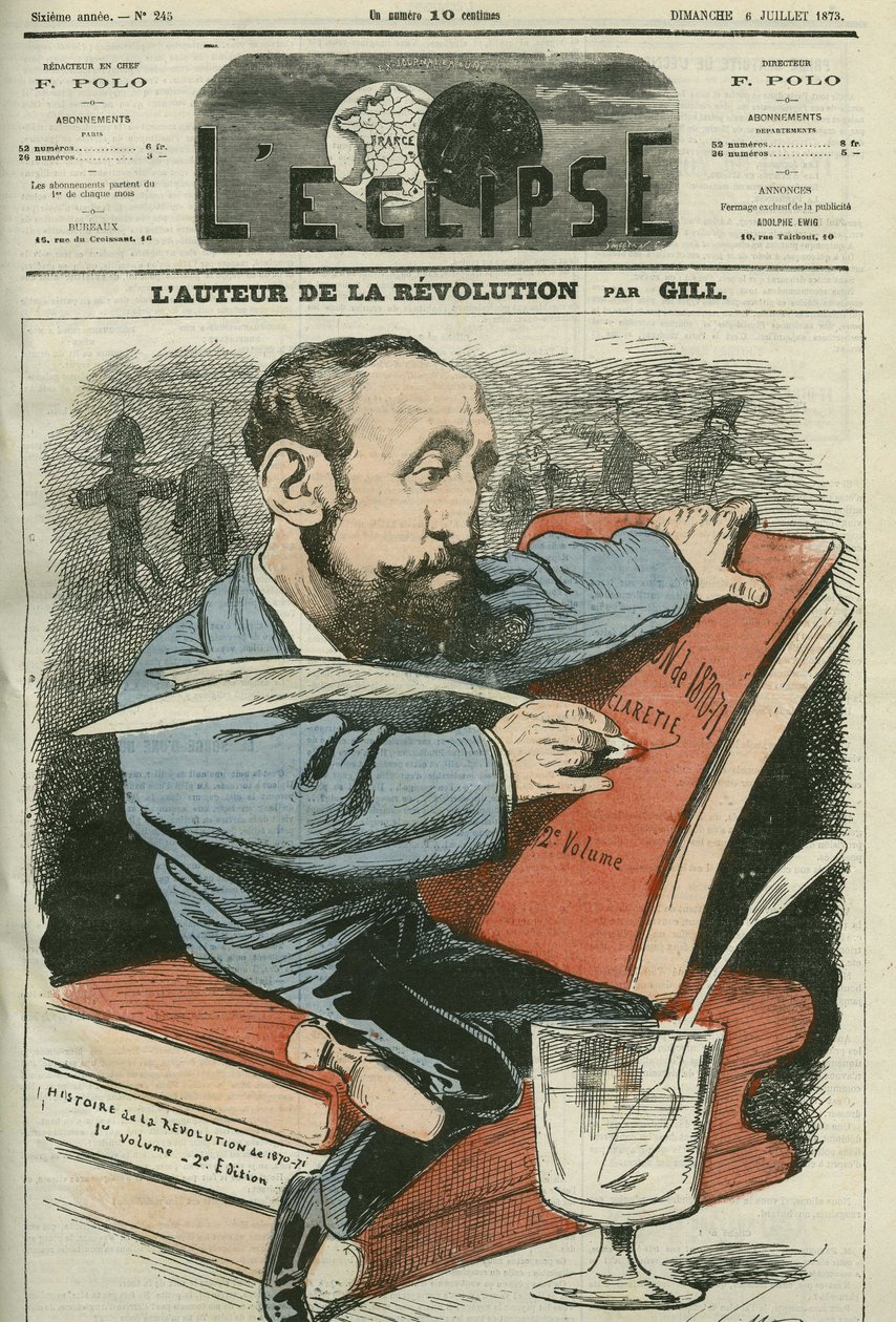 Caricatura de Jules Claretie (1840-1913), novelista, dramaturgo y crítico francés. Portada en "L