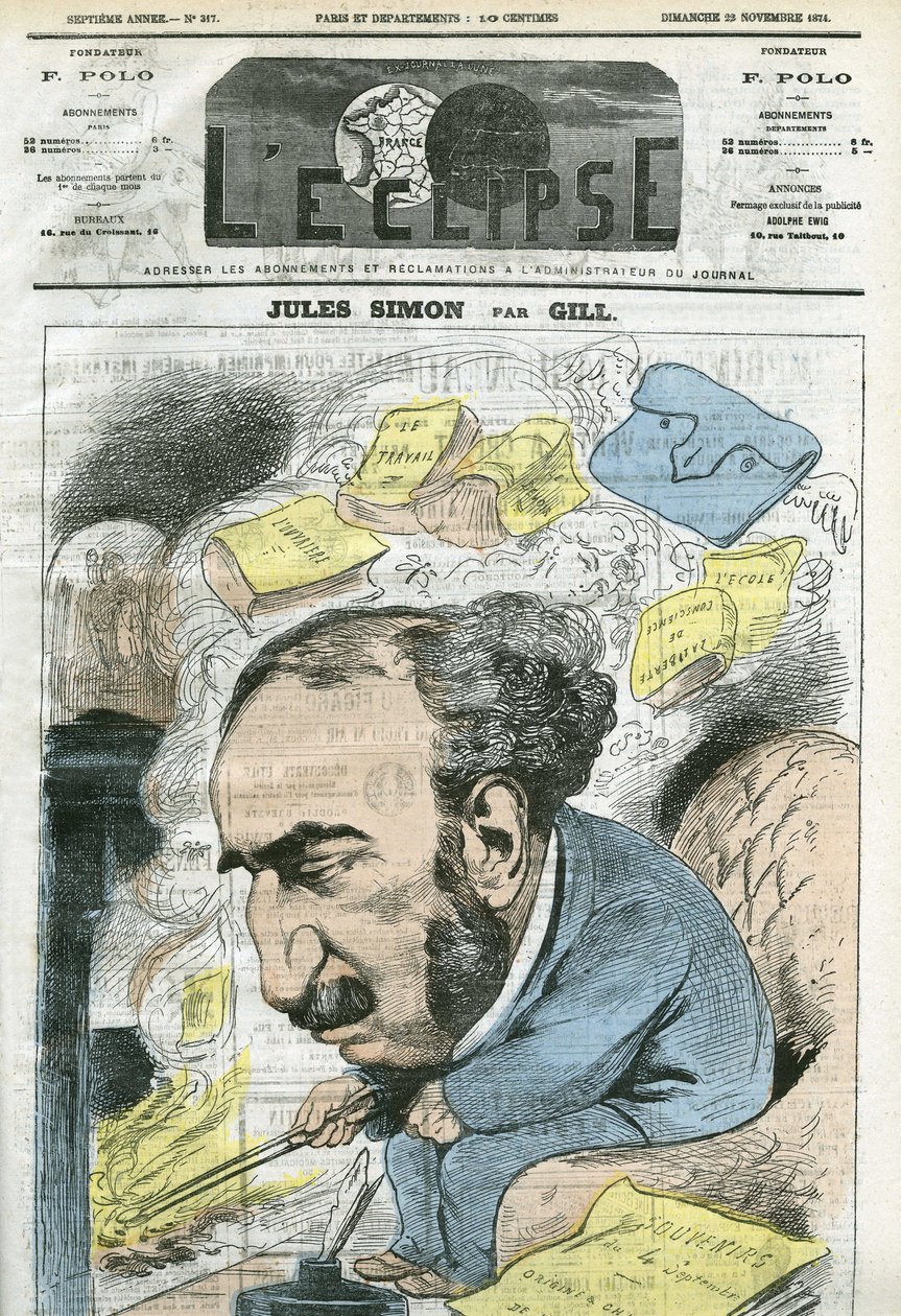 Caricatura de Jules Simon (1814-1896), político, historiador de la filosofía, filósofo, ensayista francés. Portada en "L