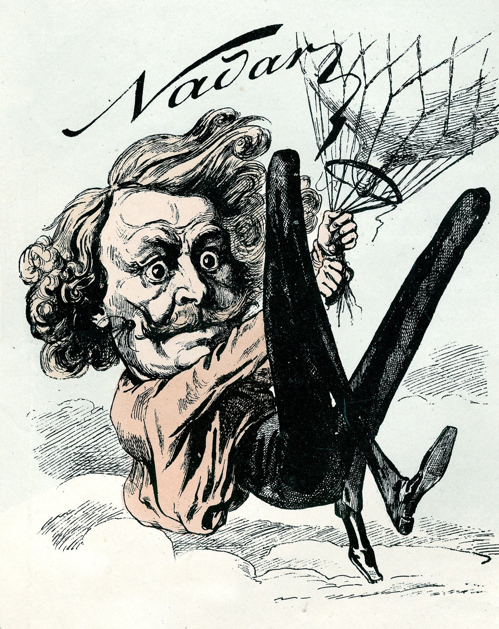 Caricatura de Felix Nadar, pionero de la fotografía aérea en 1858, aquí colgado de su globo (grabado) de Andre Gill