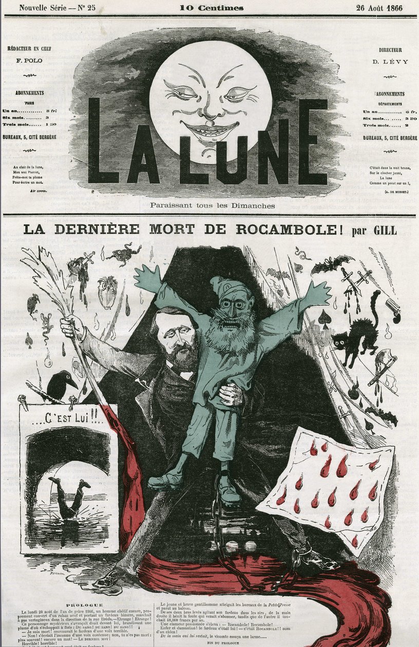 Caricatura de "La última muerte de Rocamole" y su autor, Pierre Alexis Ponson du Terrail (1829-1871). Caricatura de Gill, en "La Luna", 26 de agosto de Andre Gill