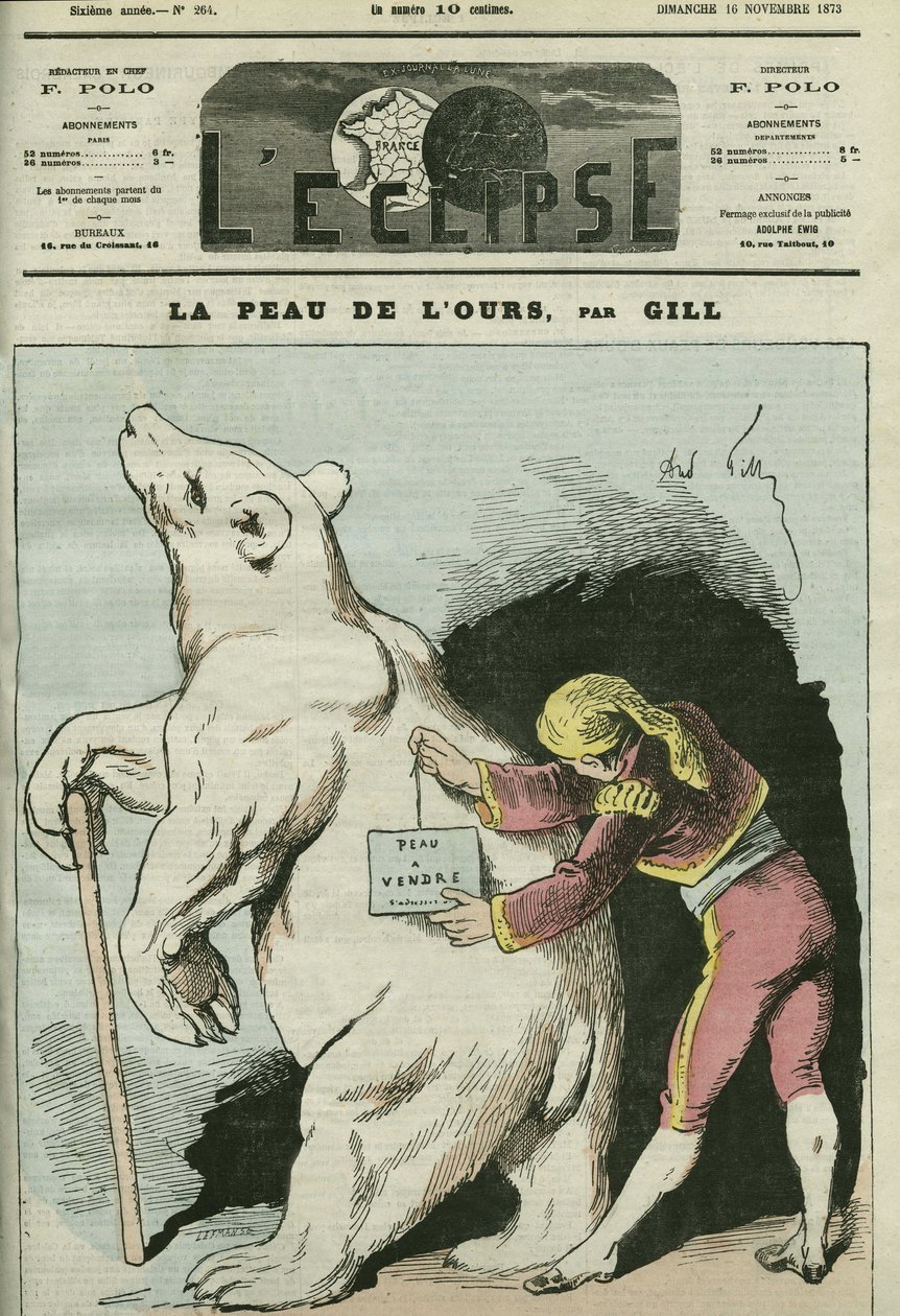 Caricatura de "La piel del oso, piel a la venta", con referencia a políticos considerados vendedores. Portada en "L