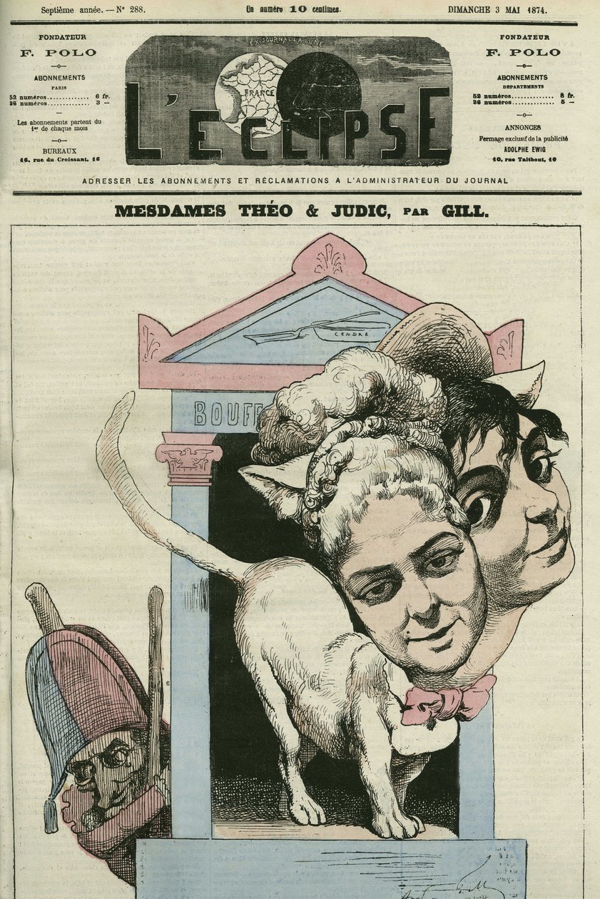 Caricatura de las damas Louise Theo y Anna Judic, cantantes en una obra de Jacques Offenbach (1819-1880), compositor. Portada en "L