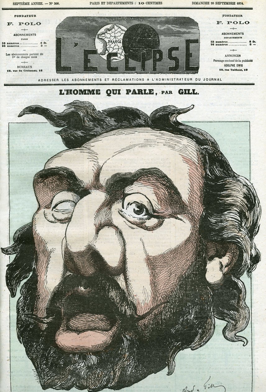 Caricatura de "el hombre que habla", Leon Gambetta (1838-1882), político francés. Portada en "L
