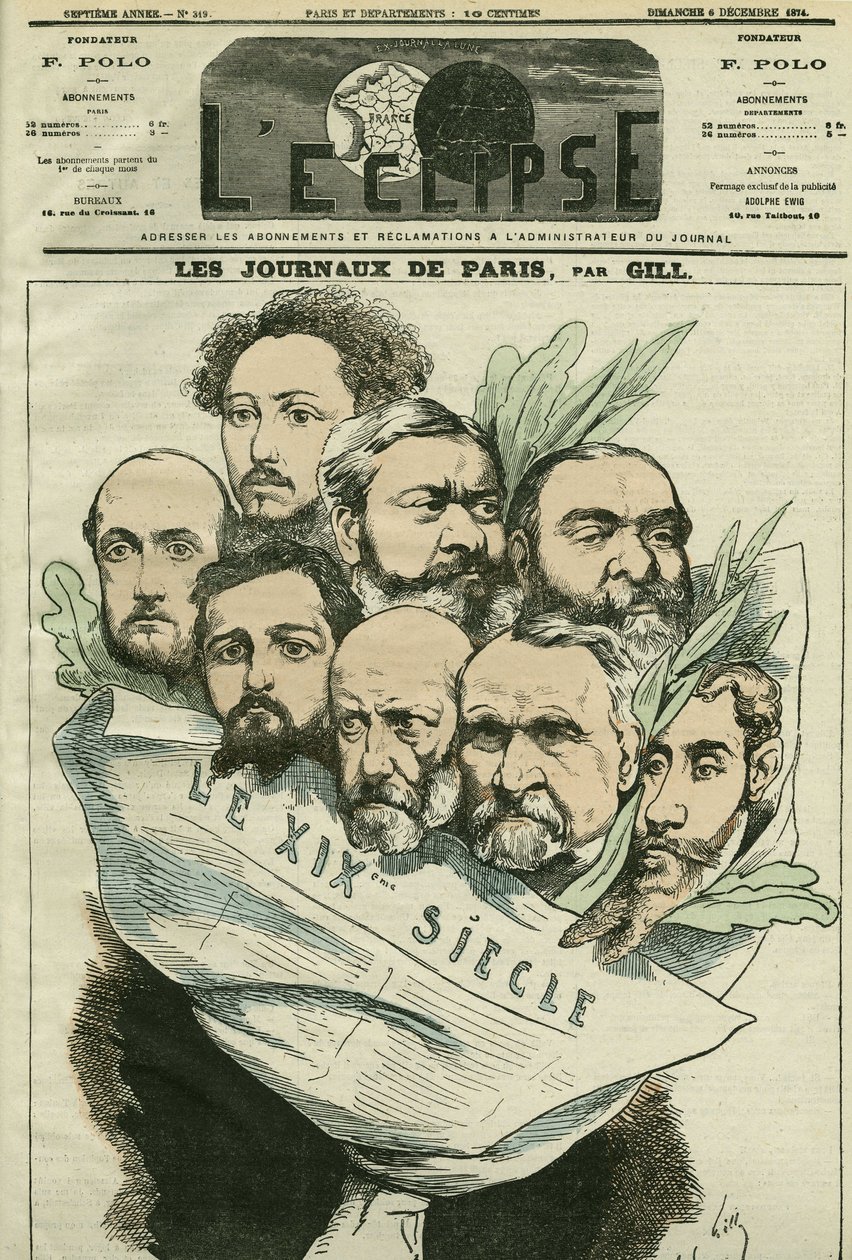 Caricatura del equipo del periódico “Le XIXe siècle”, dirigido por Edmont About (1828-?), un hombre de letras francés. Portada en “L
