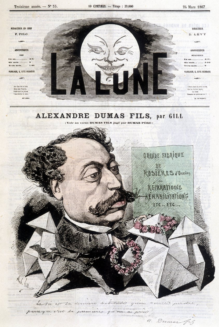 Dibujo cómico sobre Alexandre Dumas Fils por Gill. Portada de “La Lune” del 24/03/1867 de Andre Gill