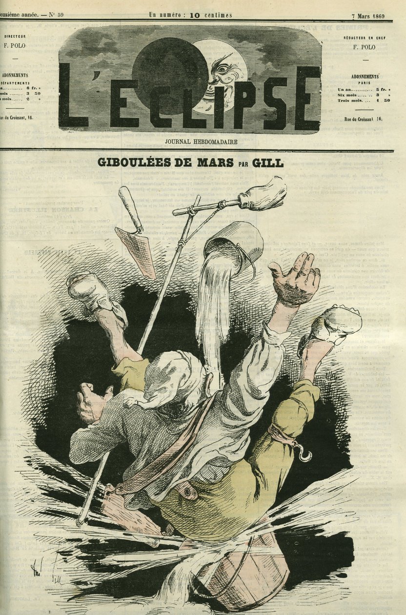 Giboulées de mars, ilustración de un hombre cayendo en un cubo. Portada en 