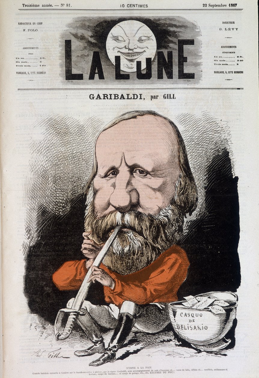 Giuseppe Garibaldi (1807-1882), himno a la paz - por Gill, en “La Luna” del 22/09/1867 de Andre Gill