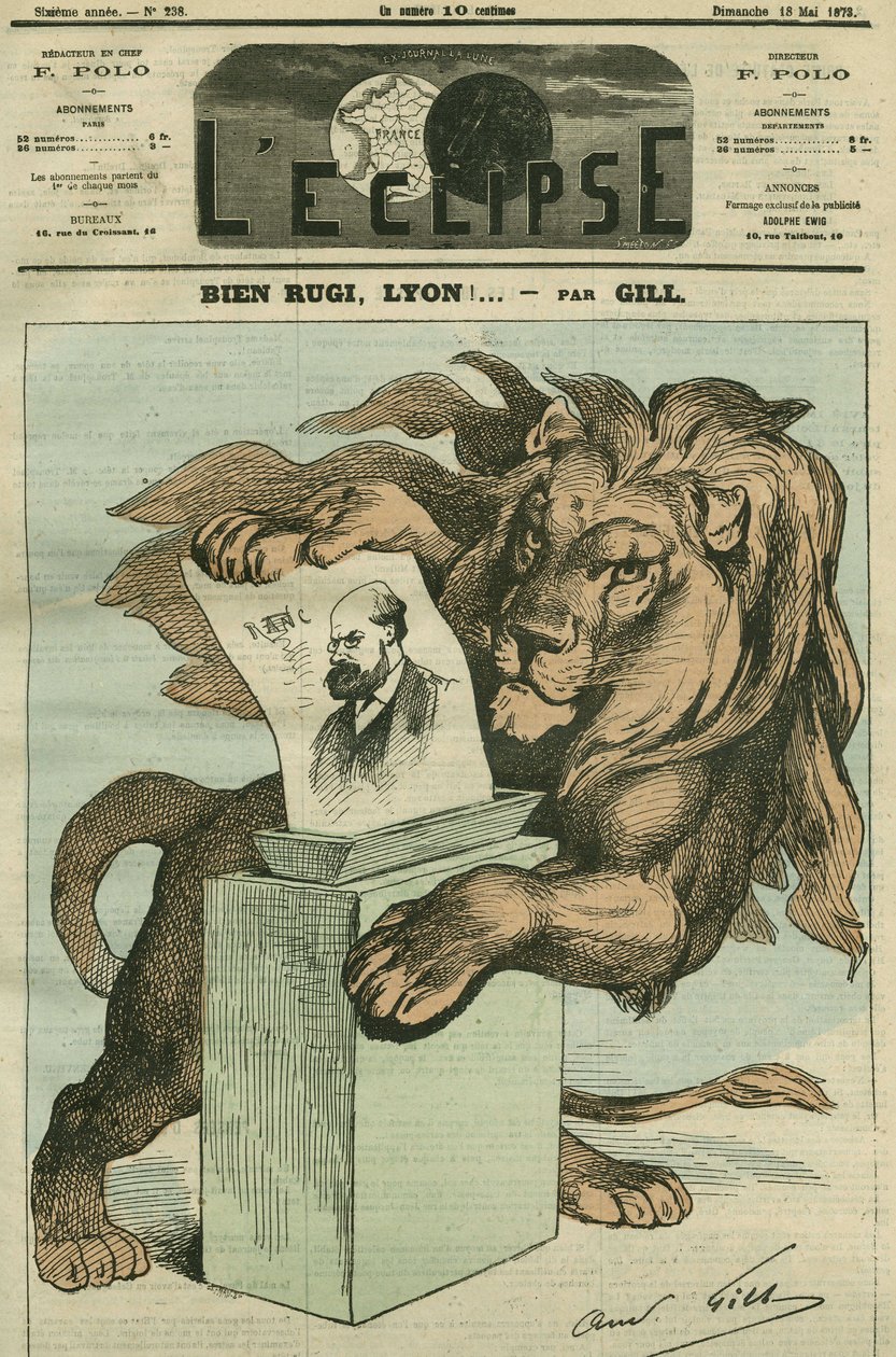 ¡Buen rugi, Lyon!, caricatura para la elección de Arthur Ranc (1831-1908), diputado del Ródano. Portada en 