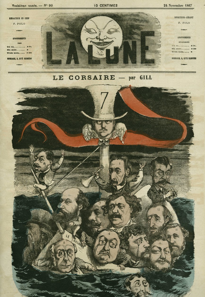 Ilustración del periódico "Le Corsaire" y sus columnistas. Caricatura de Gill, en "La Lune", 24 de noviembre de Andre Gill