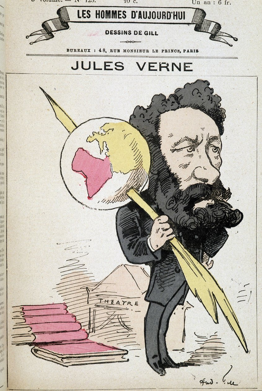 Jules Verne pellizcando la tierra con su pluma - por Gill, en "Los hombres de hoy" de Andre Gill