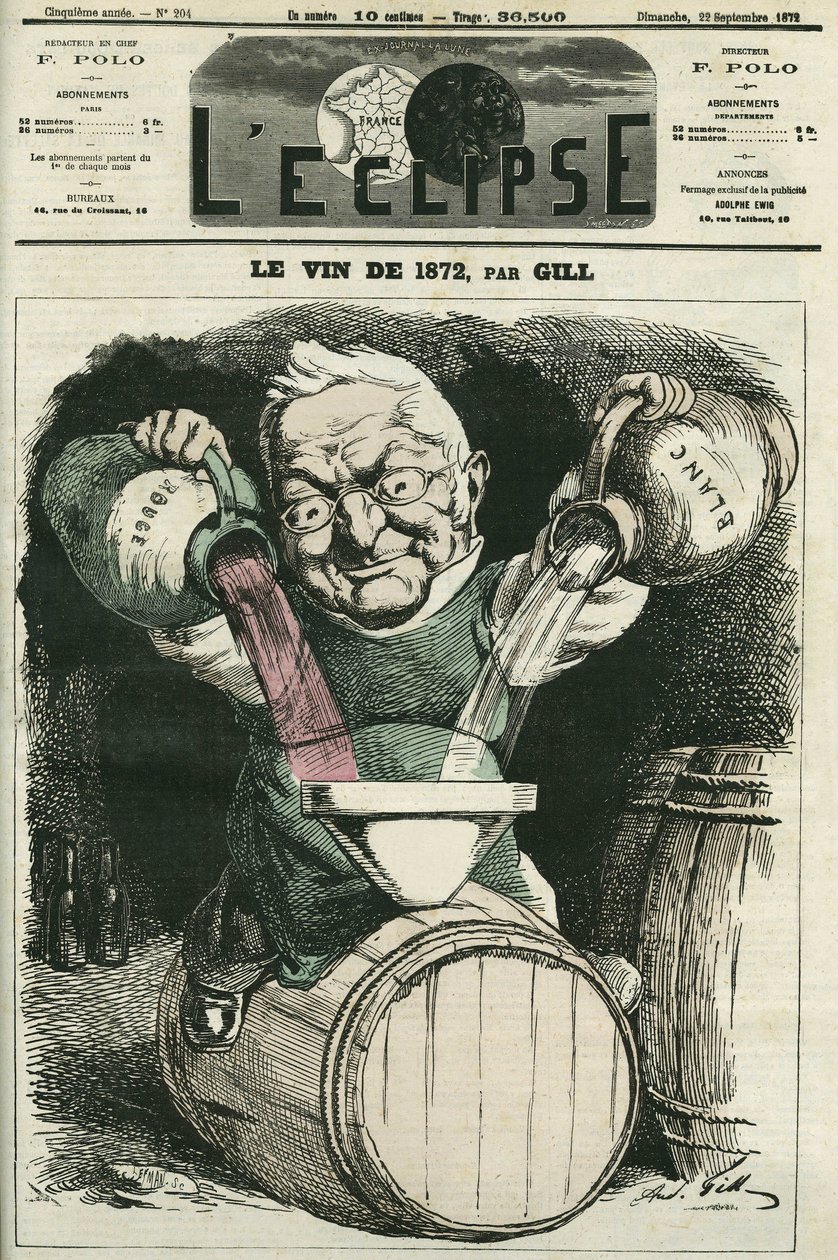 El vino de 1872, ilustración de Adolphe Thiers mezclando vino blanco y tinto (1797-1877), historiador y estadista francés. Portada en "L