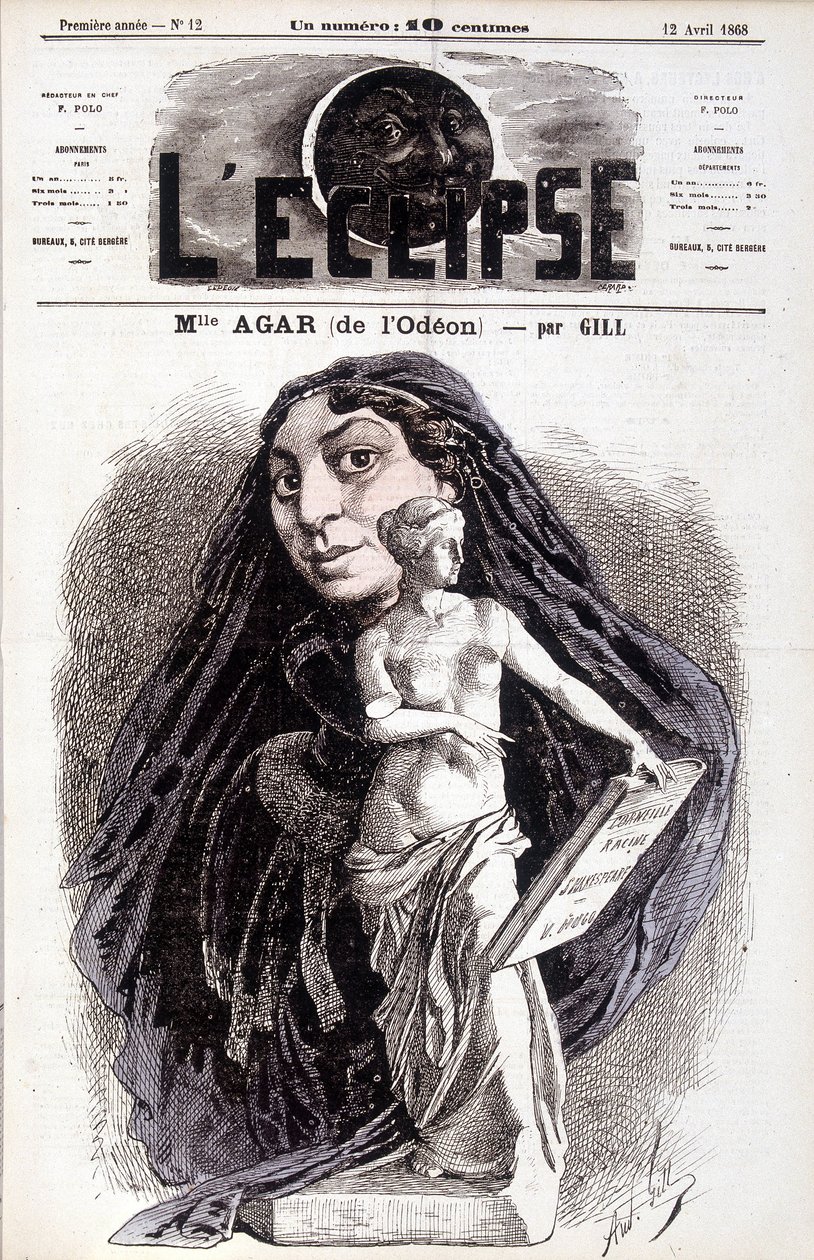 Mademoiselle Agar (del Odéon) Actriz en la Academia Francesa. Dibujo de Gill en el Eclipse de Andre Gill