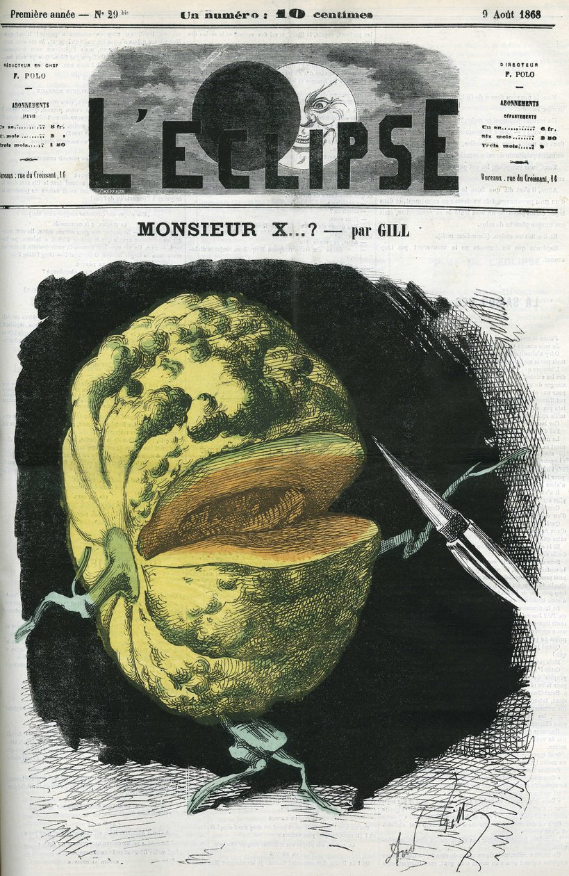 Sr. X... una ilustración de un melón por Gill en reacción a la censura. Portada en “L