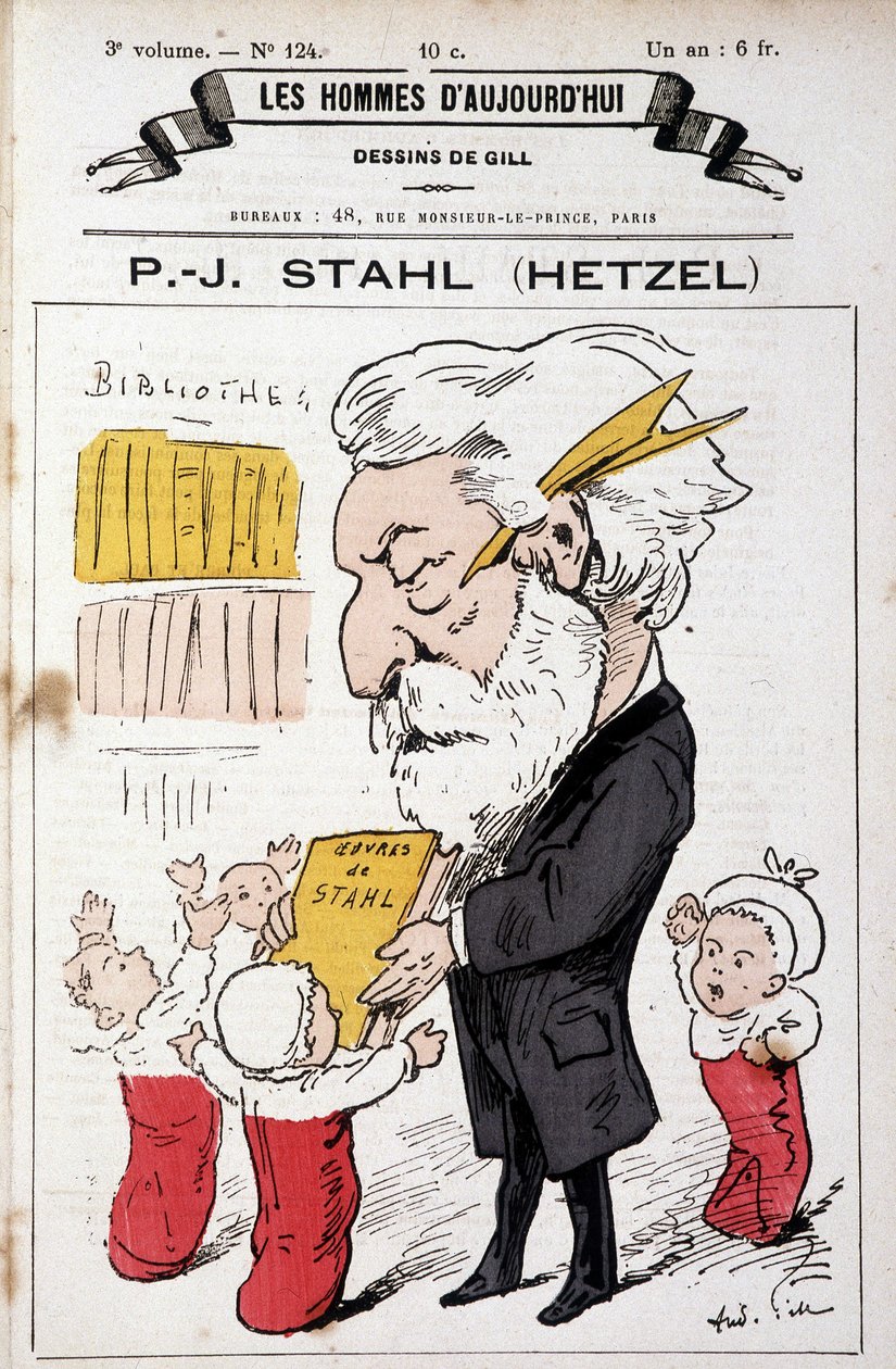 Retrato-caricatura de Pierre Jules Hetzel ofreciendo las obras de Stahl (su seudónimo) a los niños, "Los Hombres de Hoy", s.d. finales del siglo XIX de Andre Gill