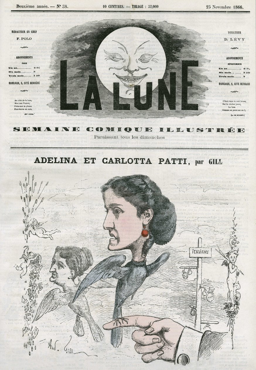 Retrato de Adelina (1843-1919) y Carlotta Patti (1835-1889), cantantes de ópera italianas. Caricatura de Gill, en 