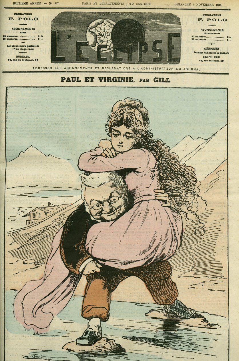 Retrato de Adolphe Thiers (1797-1877), historiador y político francés, representado en "Paul et Virginie" (la República). Portada en "L