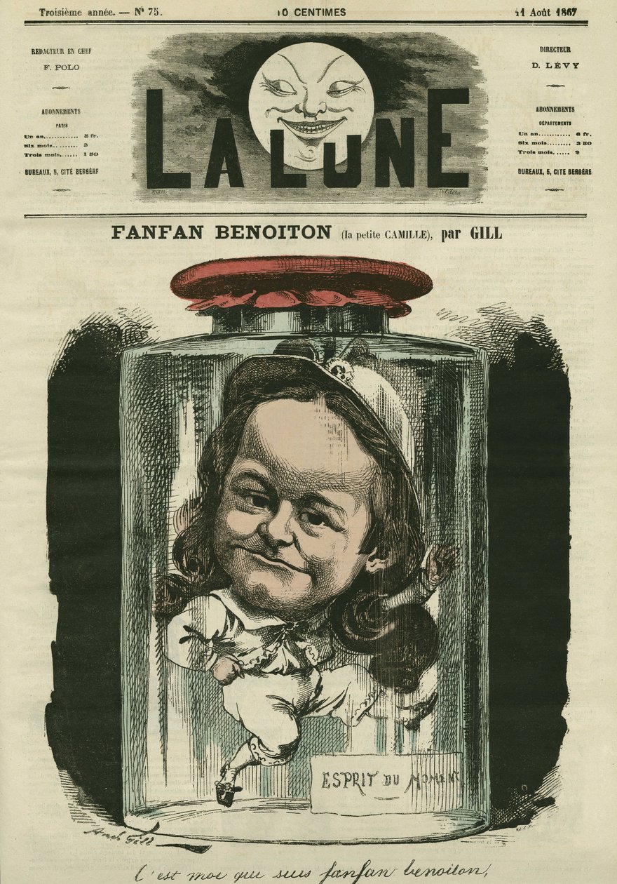 Retrato de Camille Schelter, actriz en el papel de Fanfan Benoiton. Caricatura de Gill, en “The Moon”, 11 de agosto de Andre Gill