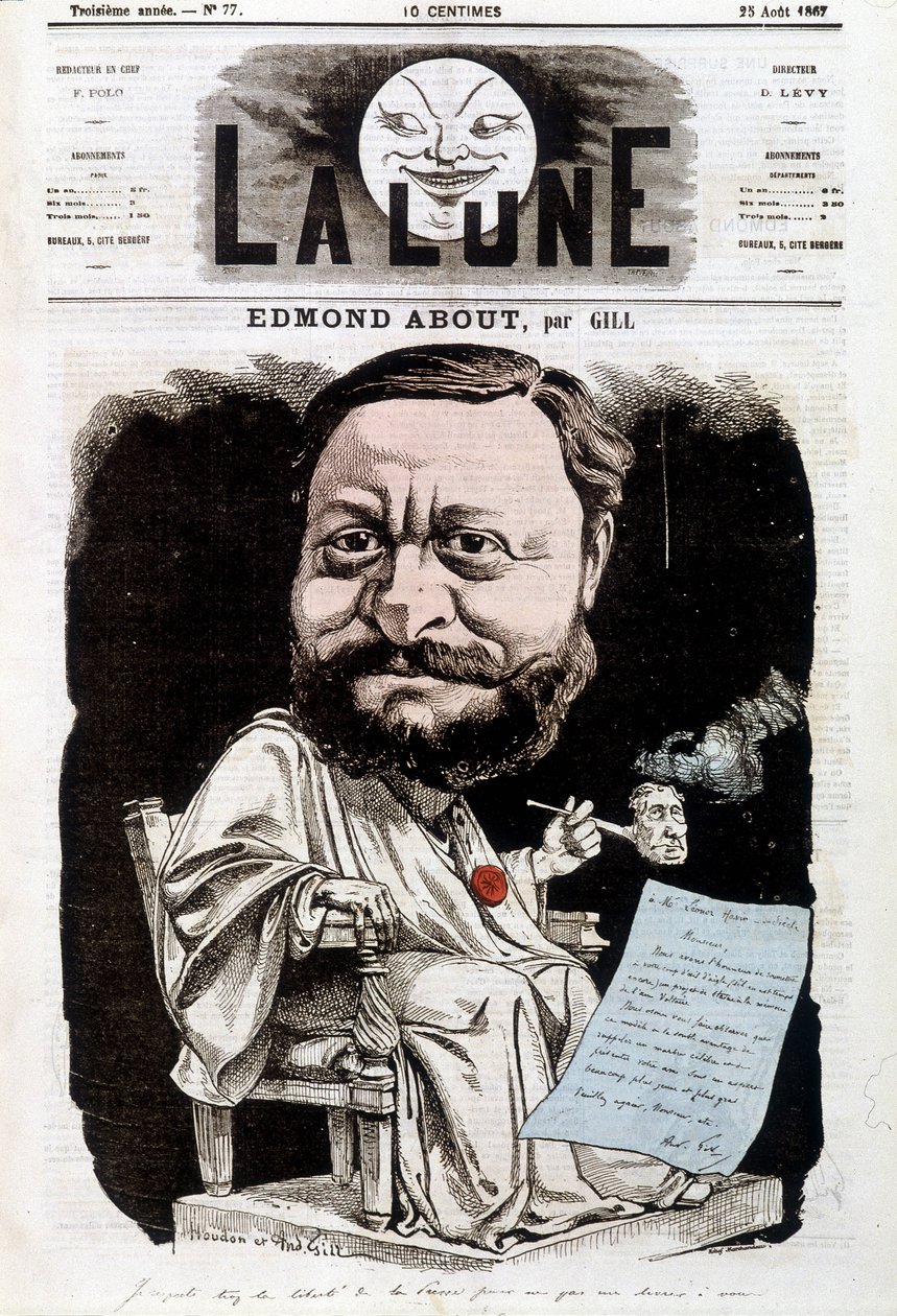 Retrato de Edmond About, escritor francés (1828-1885). En La lune, 25/08/1867. Caricatura de Gill. de Andre Gill