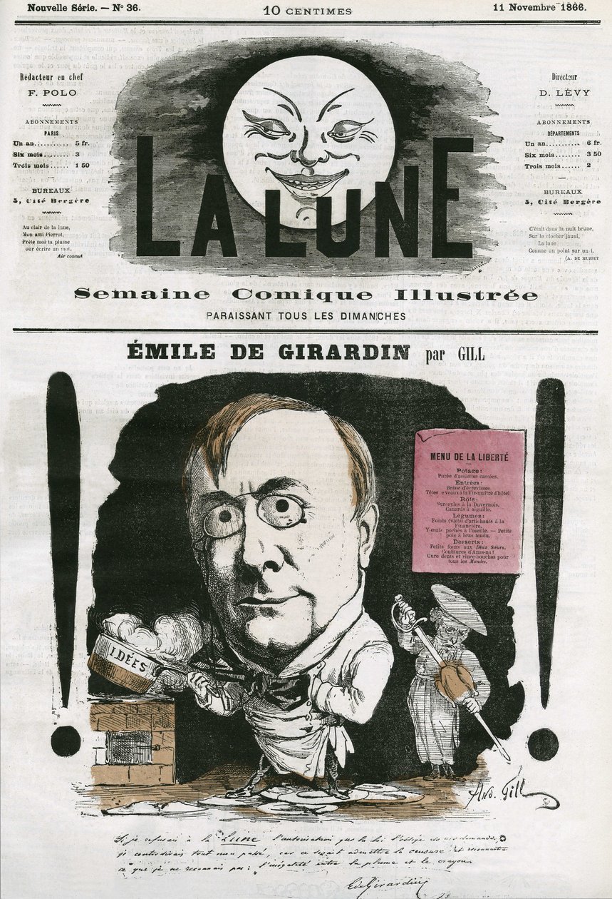 Retrato de Emile de Girardin (1806-1881), periodista francés. Caricatura de Gill, en “La Luna”, 11 de noviembre de Andre Gill