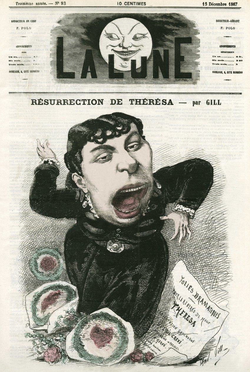 Retrato de Emma Valladon dit Theresa (1837-1913), cantante de opereta francesa. Caricatura de Gill, en 