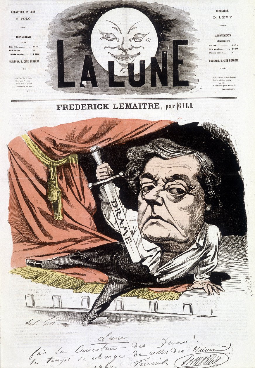 Retrato de Frédérick Lemaître (1800-1876), actor dramático francés. Caricatura de Gill en “La Lune”, 16 de junio de Andre Gill