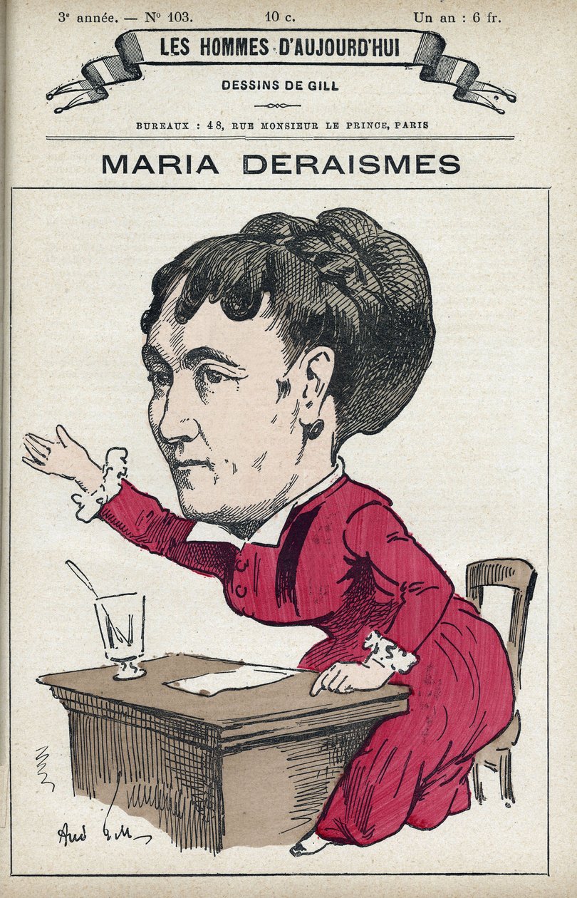 Retrato de Maria Deraismes (1828-1894), mujer de letras y feminista francesa, fundó con Leon Richer, Louise Michel y Paule Minck la Asociación por el derecho de las mujeres en 1869. Caricatura por Gill, París de Andre Gill