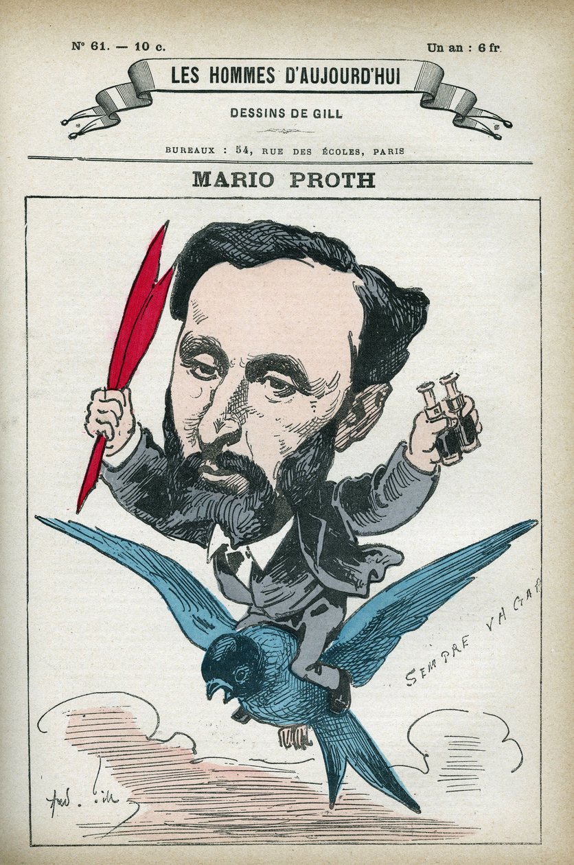 Retrato de Mario Proth (1832-1891), escritor, crítico literario y publicista francés. Caricatura de Gill, París de Andre Gill