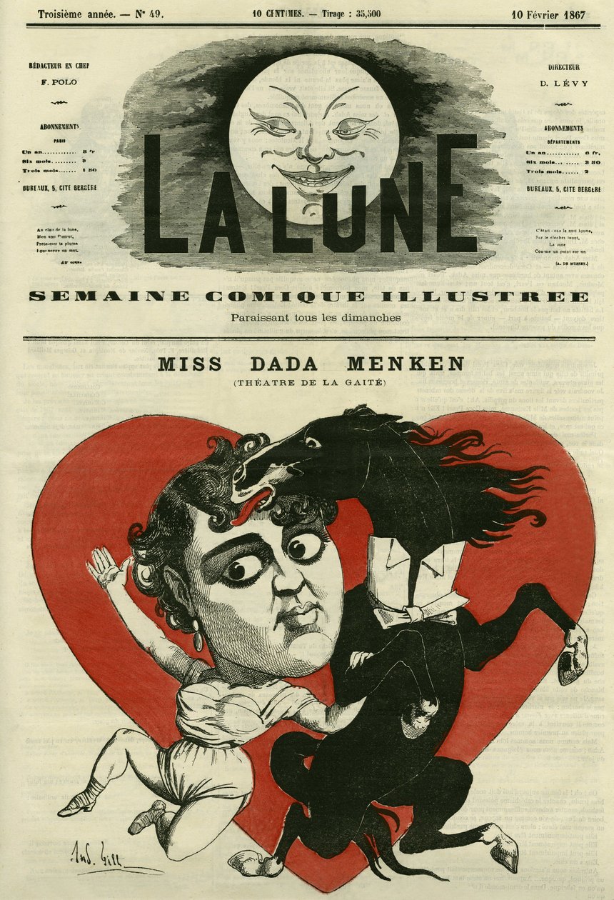 Retrato de Miss Adah-Isaacs Menken, cantante en el teatro de la Gaite en París. Caricatura de Gill, en “The Moon”, 10 de febrero de Andre Gill