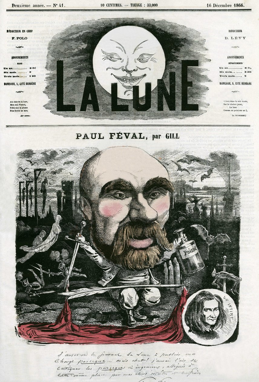 Retrato de Paul Feval (1816-1887), escritor francés. Caricatura de Gill, en 